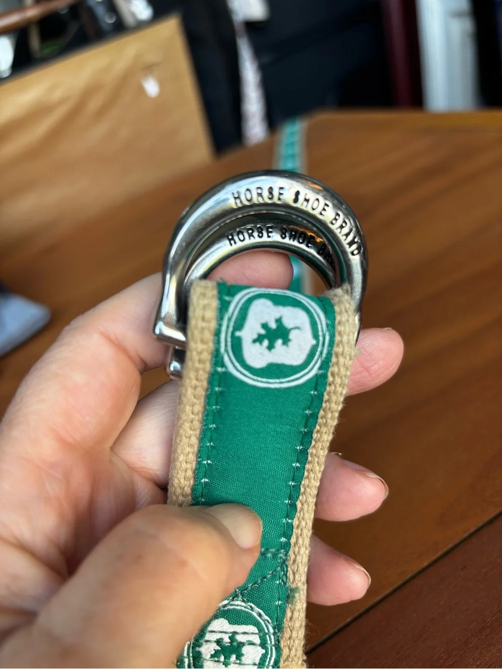 VTG RARE Equestrian Ribbon Belt Green Jeremiah Watt Horse Shoe Brand Buckle M